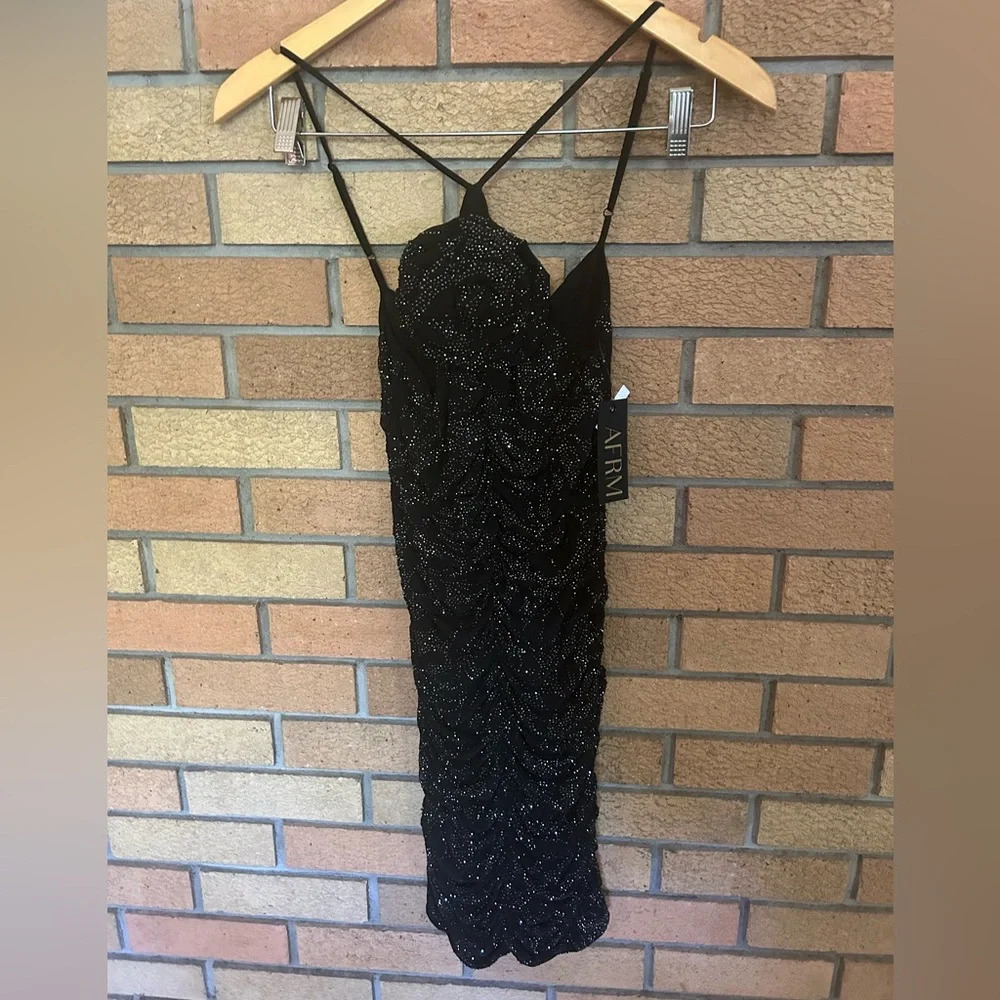NWT AFRM Black Rhinestone Mini Rouched Cocktail Dress w/ Flower Size Small HOCO